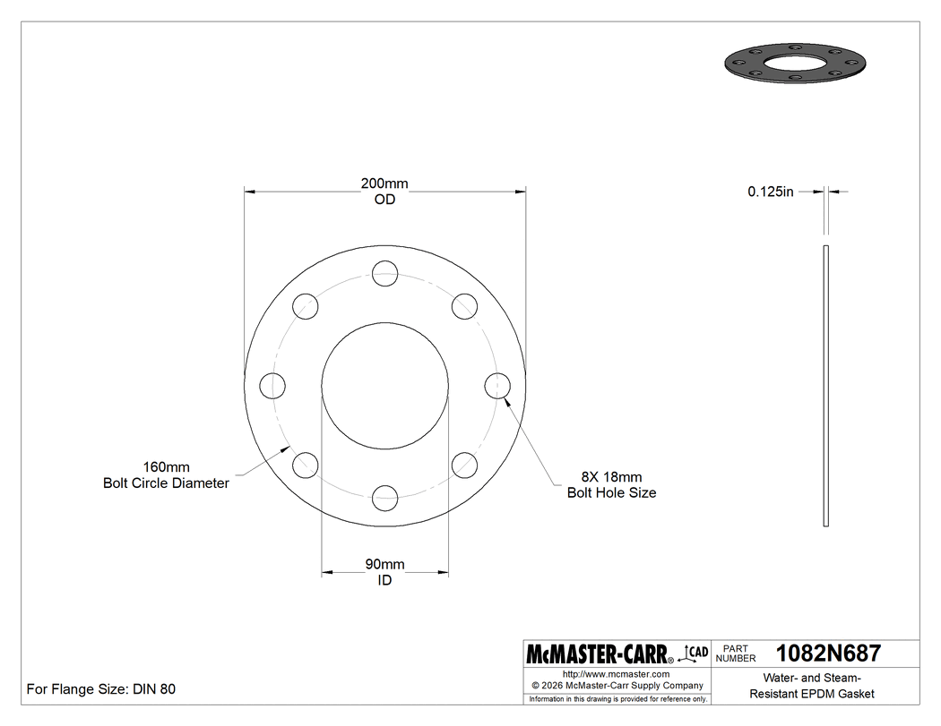 Technical Drawing of Water- and Steam-Resistant EPDM Gasket, with Bolt Holes for Dn 80 Flange Size, 1/8" Thick.